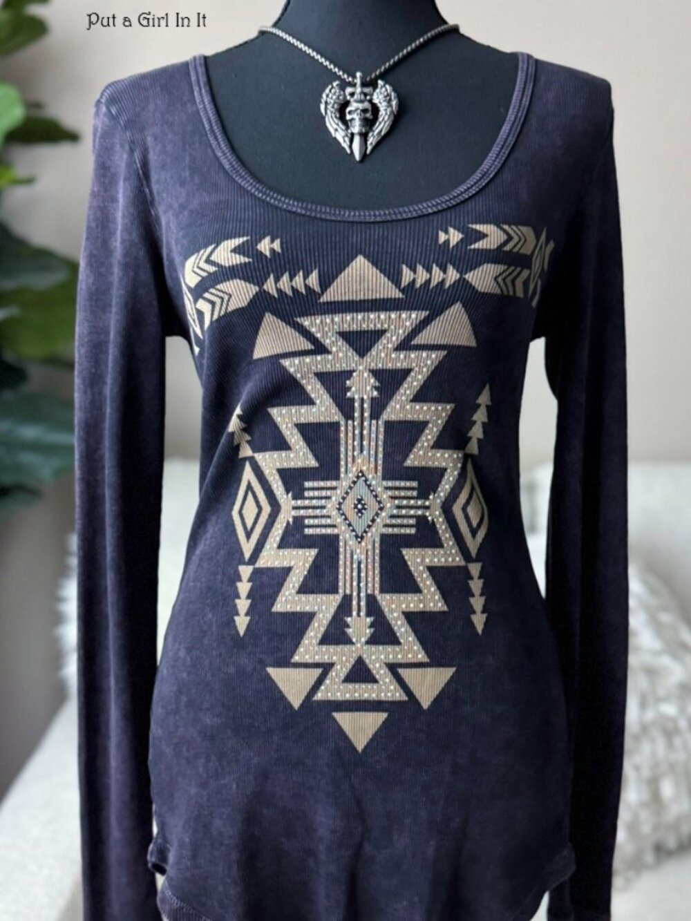 Vocal Apparel Women's Crystal Mineral Dyed Purple Aztec Biker Bling Shirt M